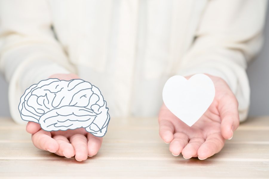 Female hands holding paper cut brain and soul. Conflict between emotions and rational thinking. Balance and equilibrium between mind and heart concept.