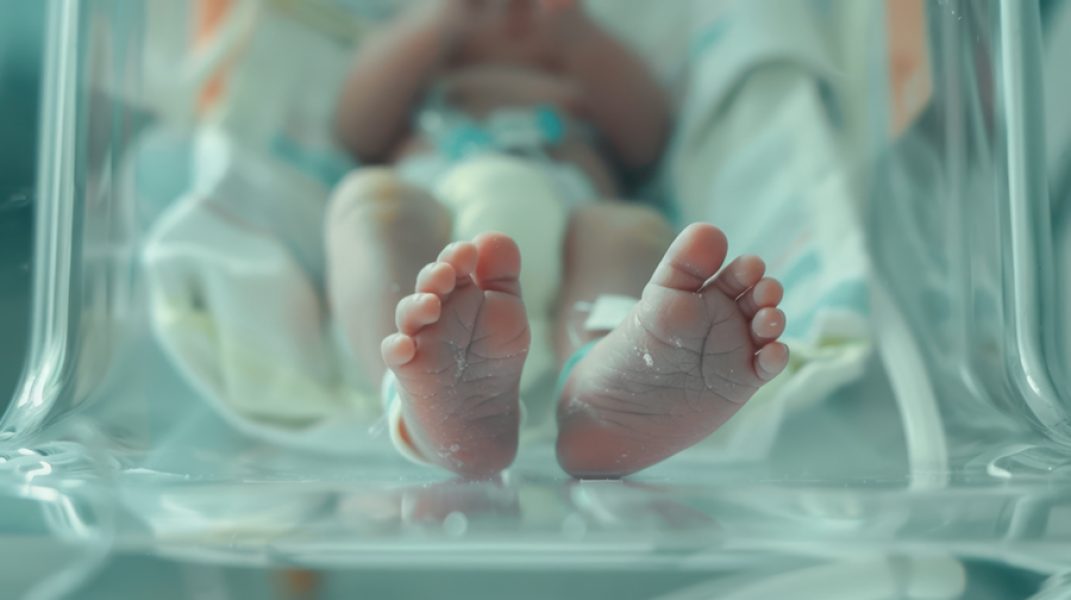 Closeup of a newborn's feet resting in an incubator.