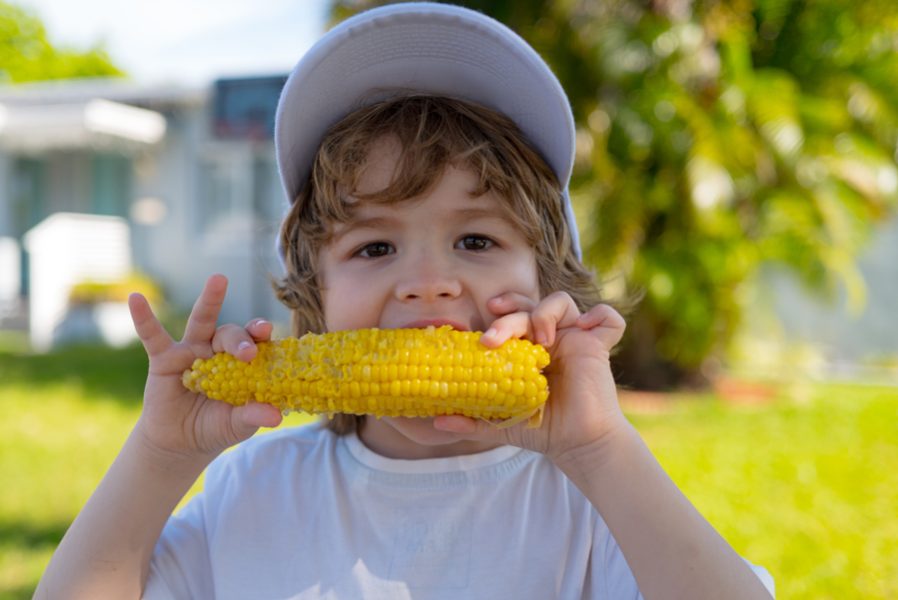 Kids eating corn. Food for kids. Cute boy eating healthy food in nature background