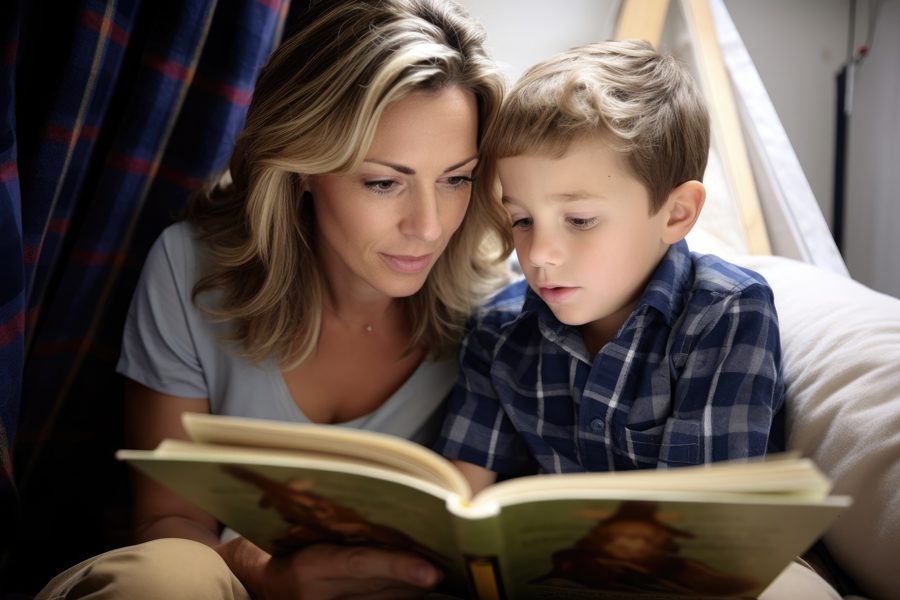 shot of a mother and son reading together, created with generative ai