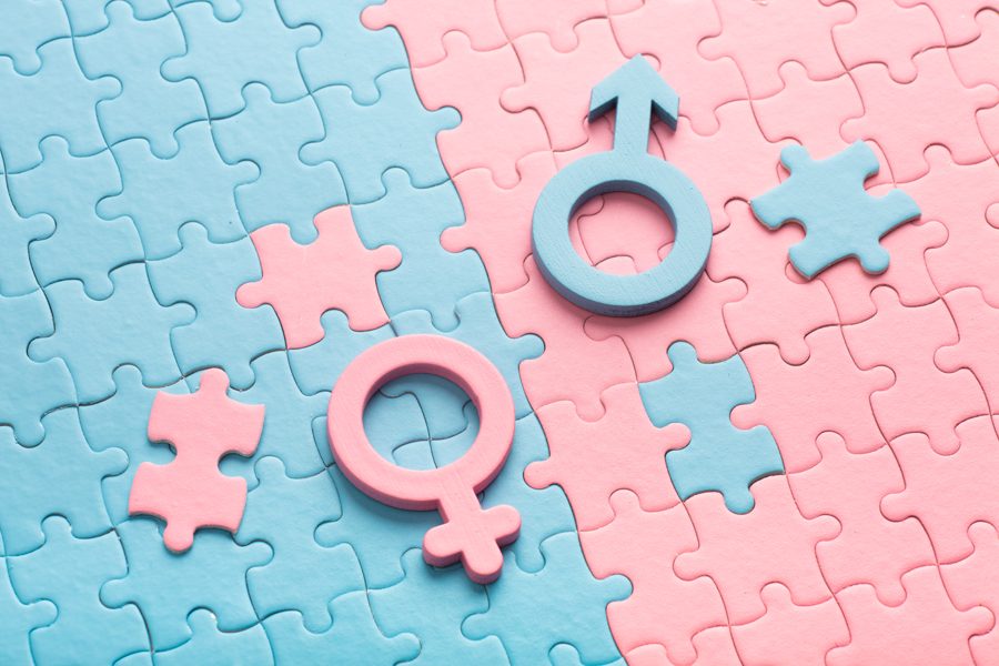 Masculine and feminine lie on puzzles. Concept of sex, couple, family.