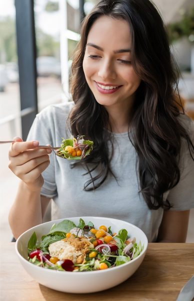 woman-having-colorful-healthy-vegan-vegetarian-meal-salad-summer-cafe-natural-day-light